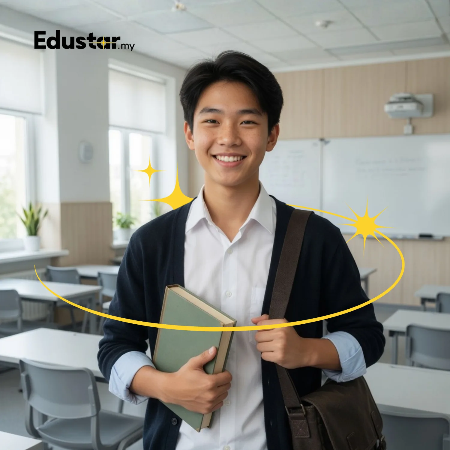 Young tutor candidate smiling with study materials in a Malaysian classroom